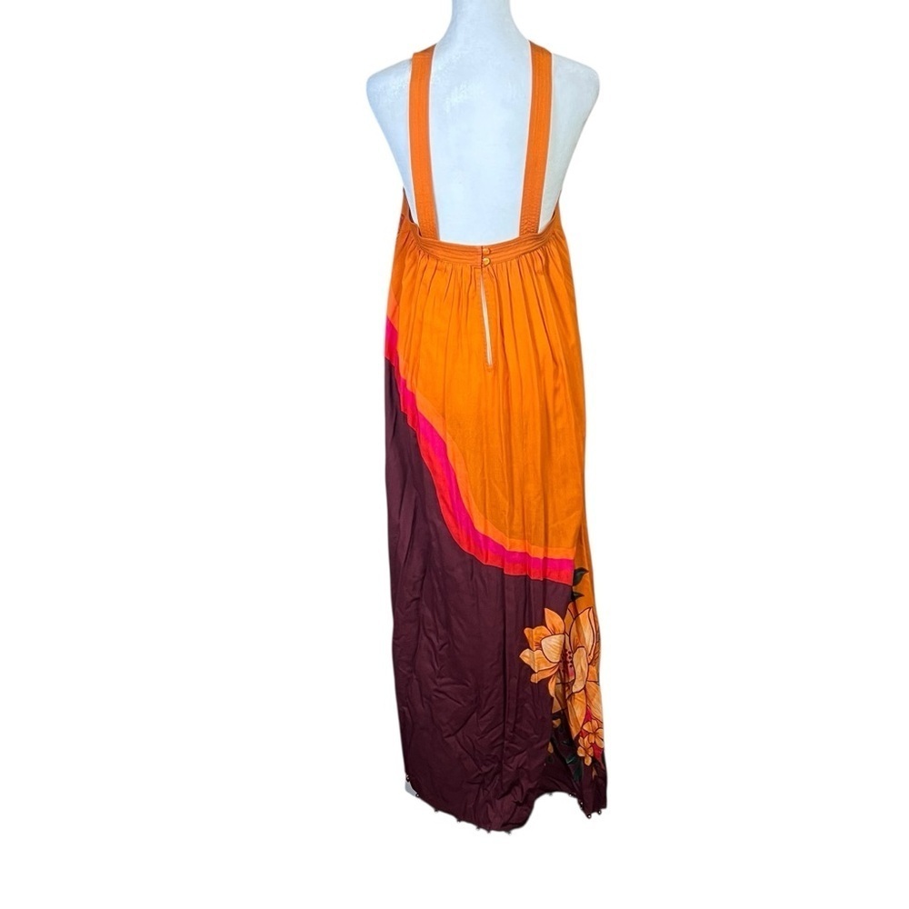 FARM RIO Orange Boho Maxi Dress Pinafore Cover Up Floral Whimsy Brown Size S NEW - Picture 6 of 15